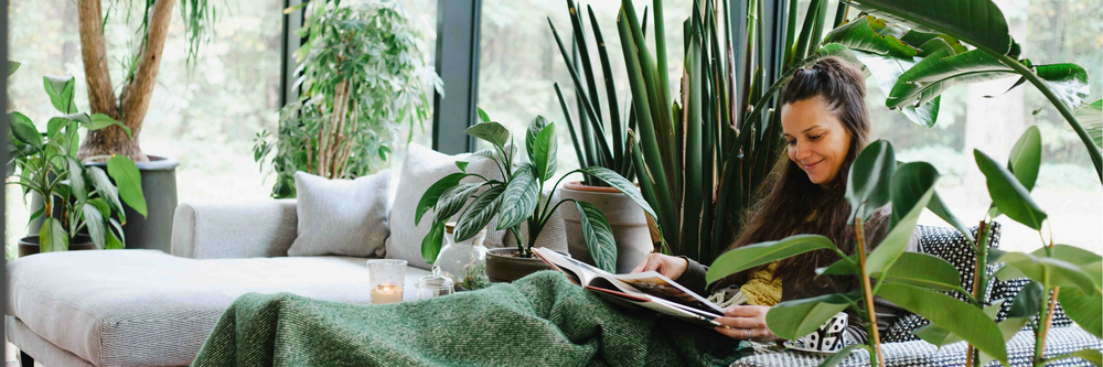 woman reading among houseplants